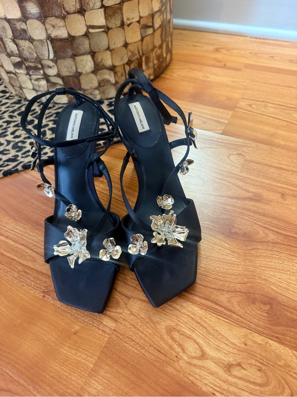 Antonio Melani Black Satin Strappy Heels with 3D Gold Floral Embellishments